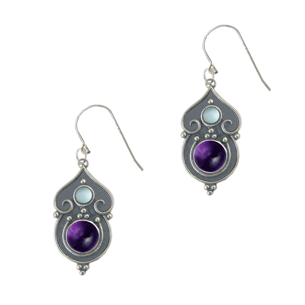 Sterling Silver Gothic Inspired Drop Dangle Earrings With Amethyst And Blue Topaz